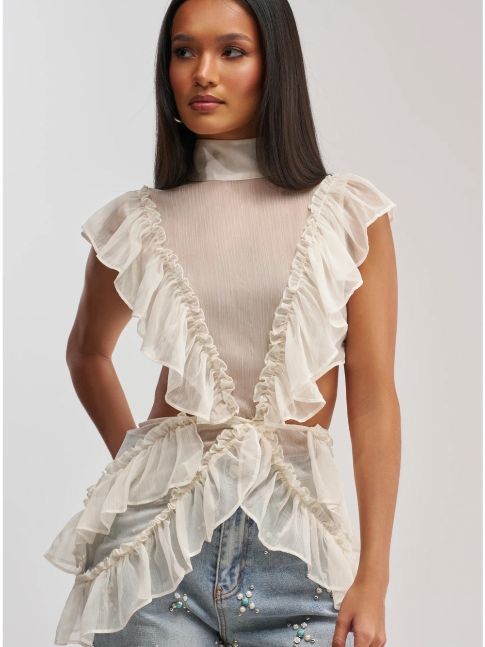 AKIRA Sheer Ruffle Chiffon Mock Neck Blouse - 1X White